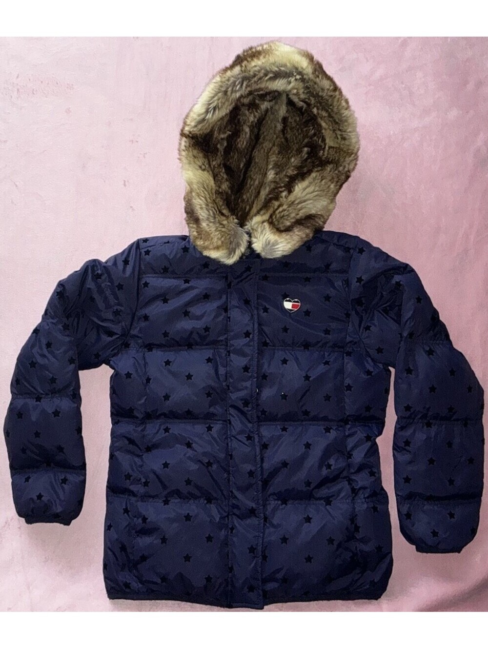 Tommy Hilfiger Puffer Jacket Girls M 8-10 Navy Blue Star Down Feather Faux Fur